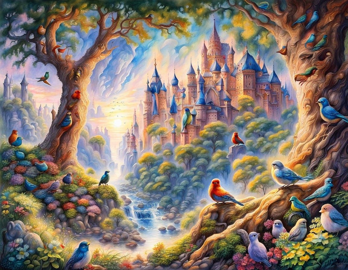 Vibrant Watercolor Birds on a Flowering Tree