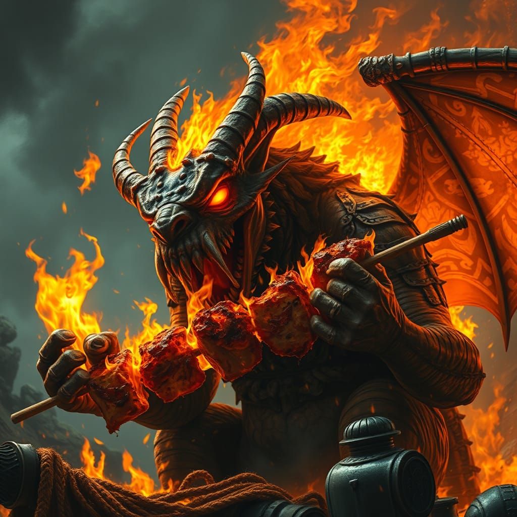 A massive flaming balrog eating a kebab made out of flame grilled hobbits. Delicious