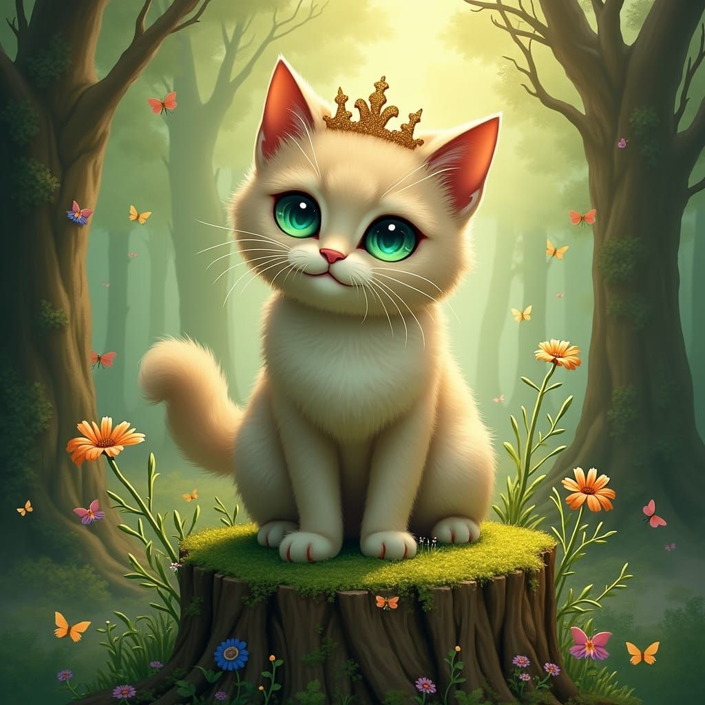 Majestic Crowned Cat in Enchanted Forest