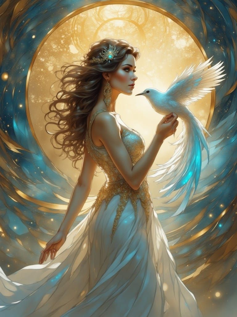 Ethereal Woman Holding Iridescent Bird: Fantasy Art