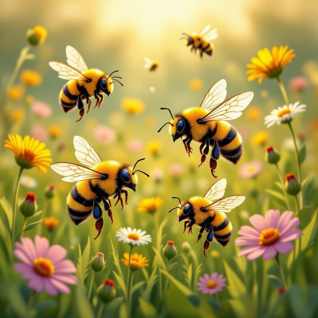 Whimsical Bees in a Sun-Drenched Meadow, Fantasy Art