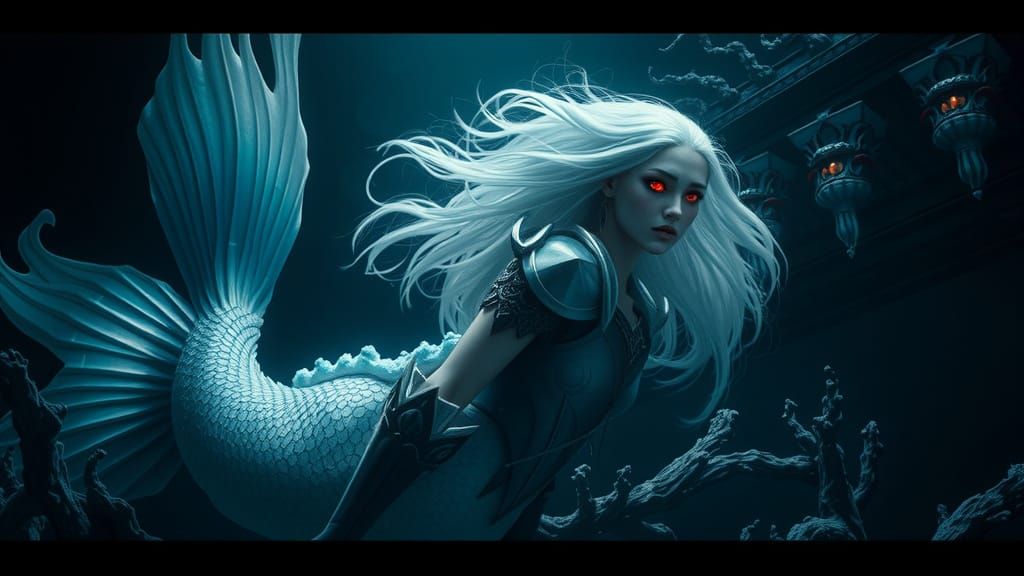 White-Haired Mermaid in Shadowy Ocean Throne Room