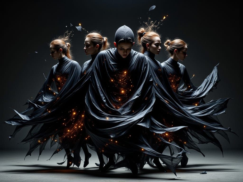 Dancers in Kinetic Suits with Fractured Reflections