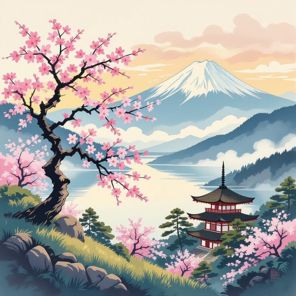 Sakura Tree Overlooking Lake, Woodblock Print Style