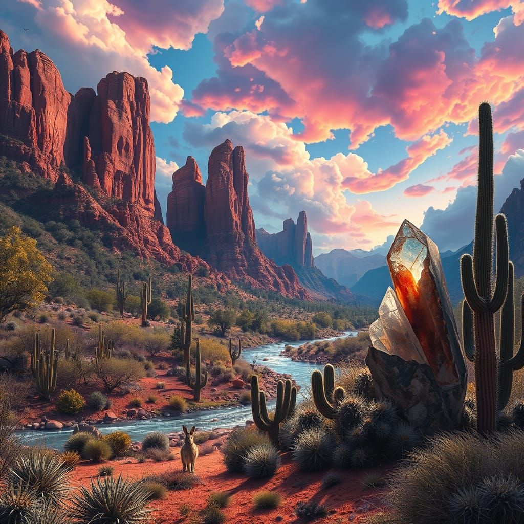 Psychedelic Desert Landscape with Quartz Crystals