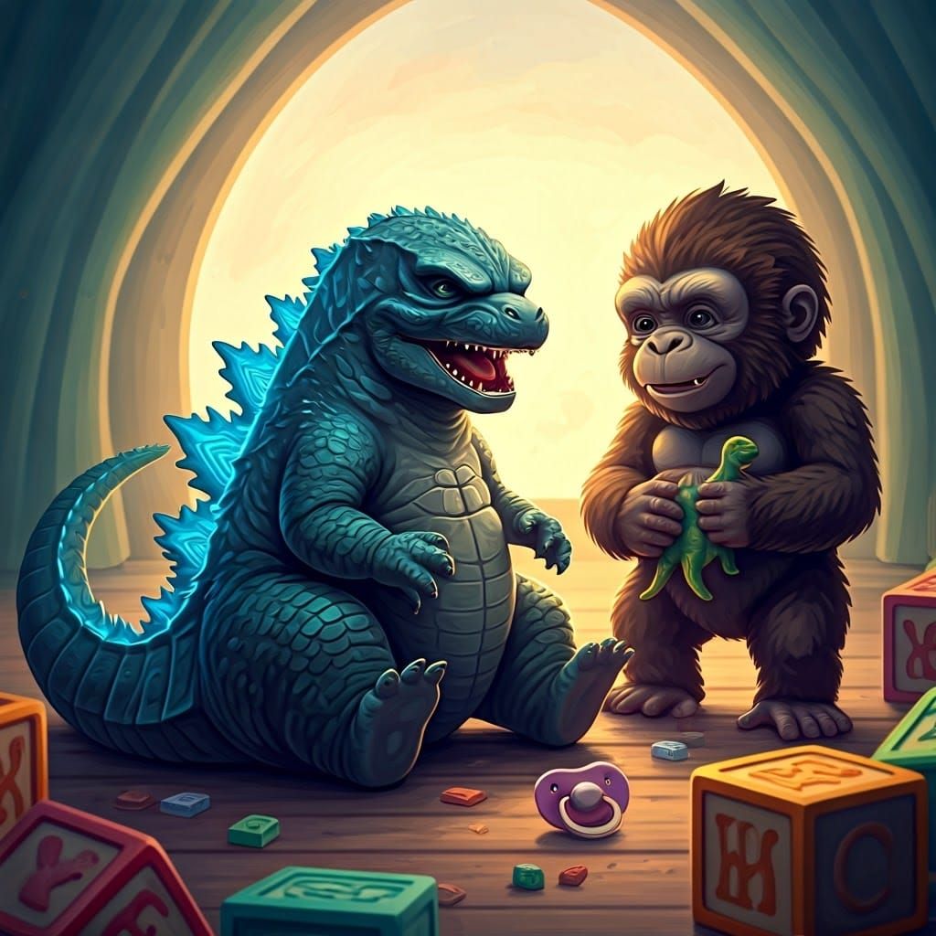 Godzilla and King Kong Babies in Impressionist Nursery
