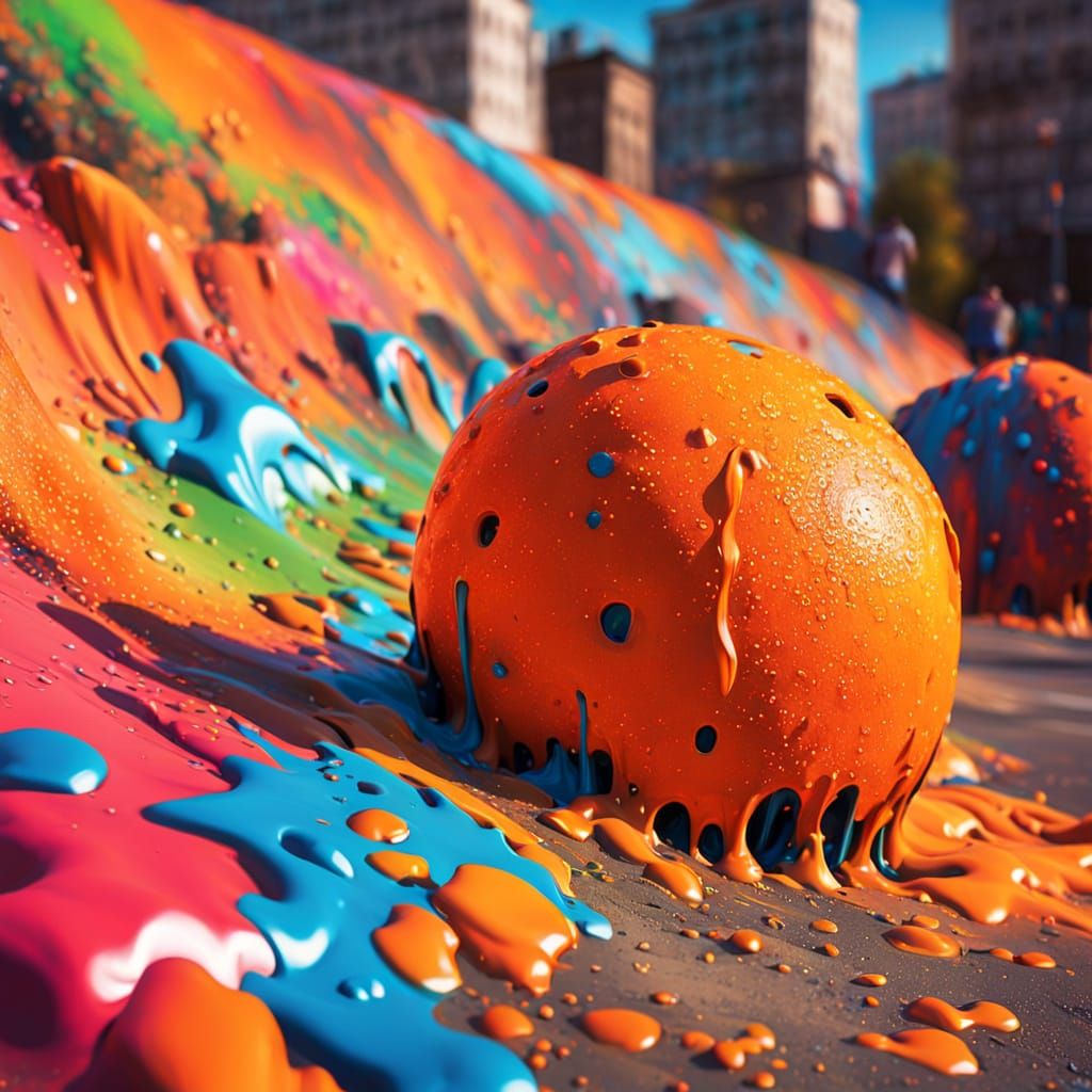 Giant Orange Rolling Downhill: Street Art Style
