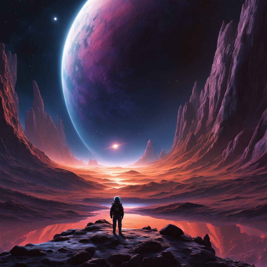 Explorer on Alien Planet with Ringed Gas Giant