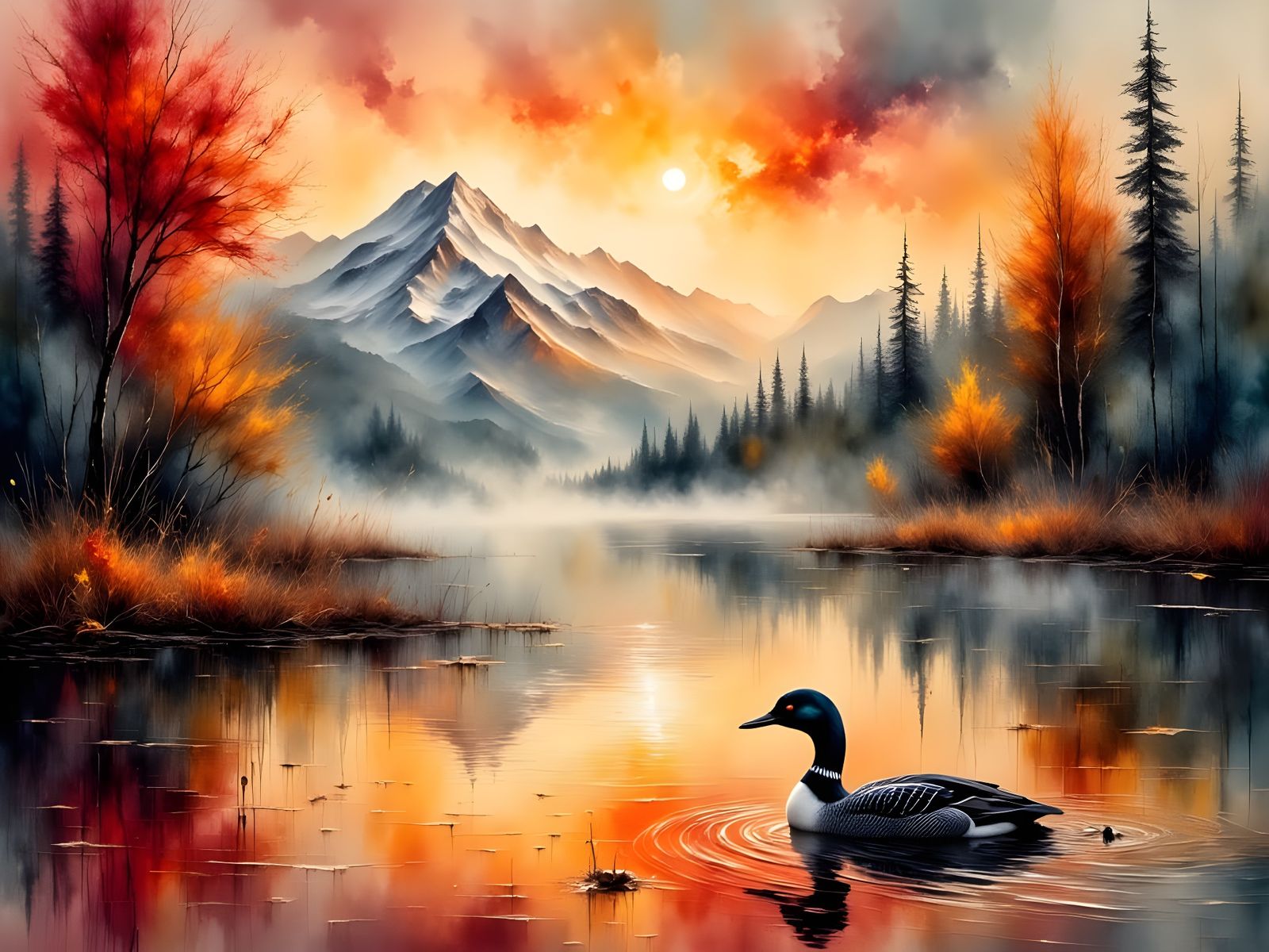 Surreal Loon Amidst Vibrant Fall Landscape in Grungy Oil Pai...
