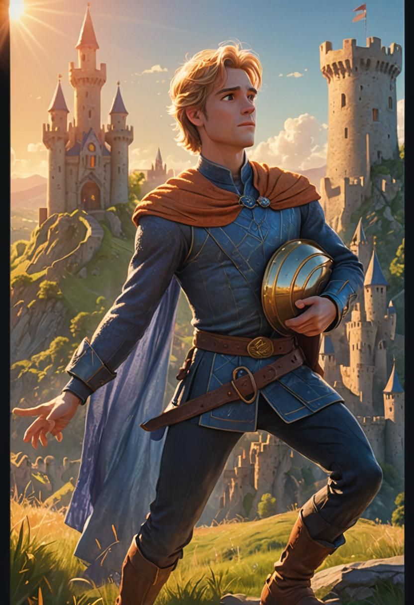 Fair-Haired Prince Approaches Castle in Sunlight