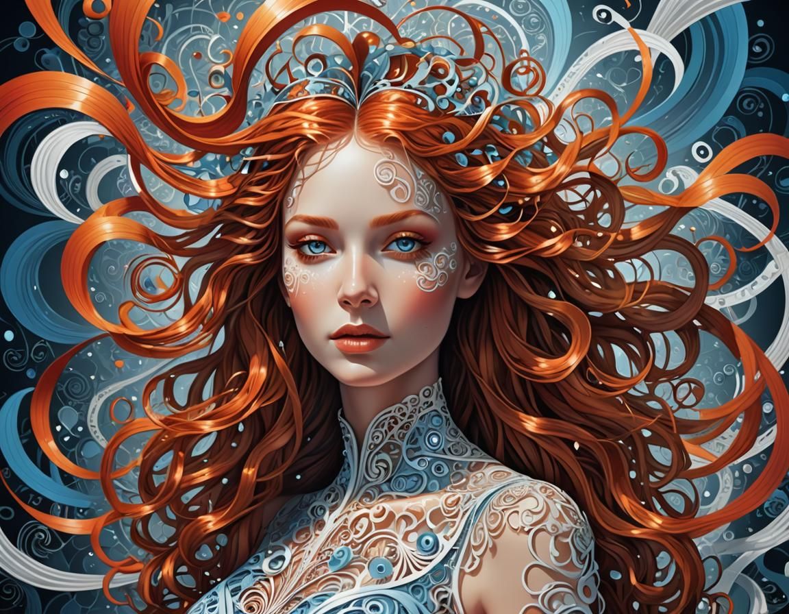 Woman Floating with Musical Notes in Abstract Fractal Art