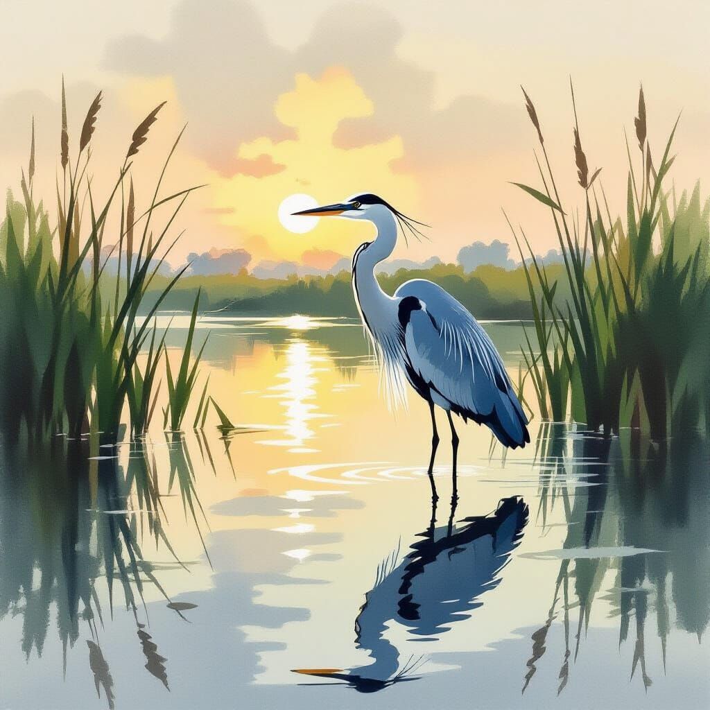 Heron in Marsh at Dawn, Expressive Watercolor Style