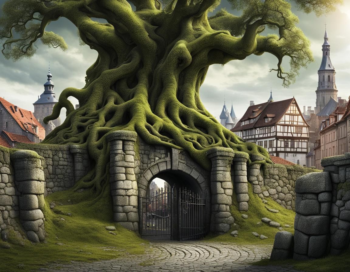 Old European City Gate with Mossy Tree