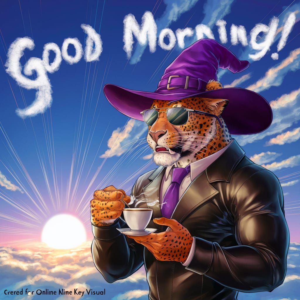 Leopard in Witch Hat Drinks Coffee: Anime Art