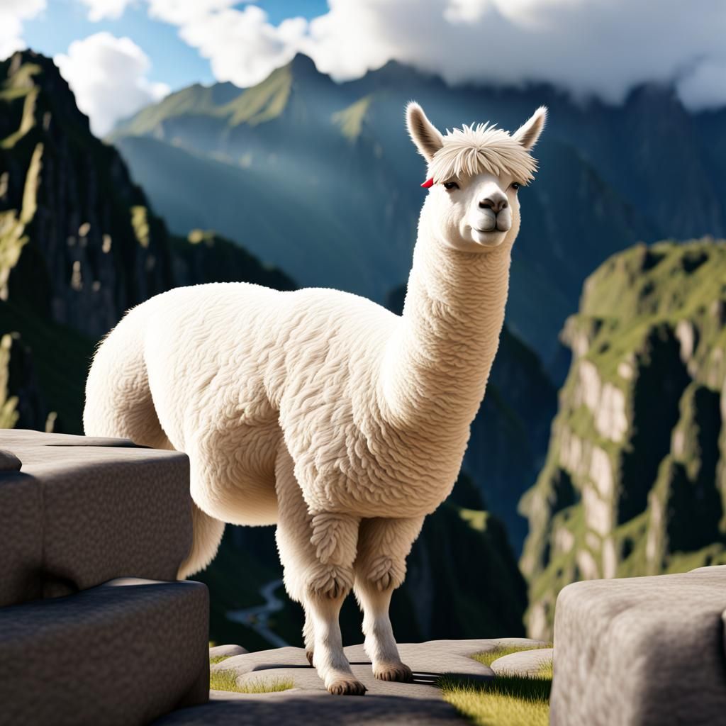 Hyperrealistic 3D Alpaca in Machu Picchu, Peru