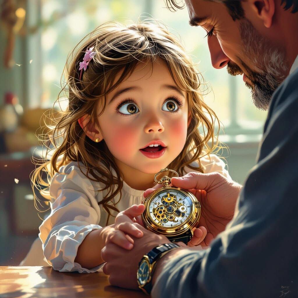 Girl Amazed by Intricate Clockwork Watch