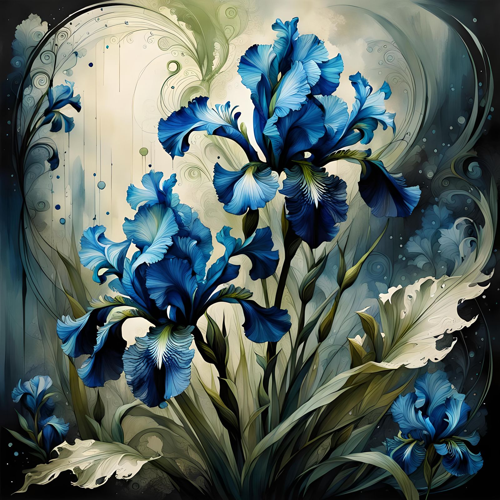 Fractal Filigree Around Blue Irises Ink Masterpiece