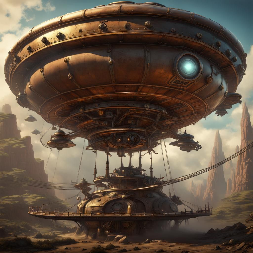 Steampunk Flying Saucer in Detailed Matte Painting Style