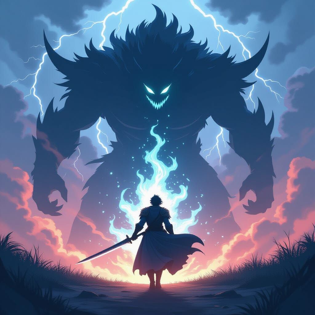 Heroic Anime Warrior Battles Shadow Monster with Lightning
