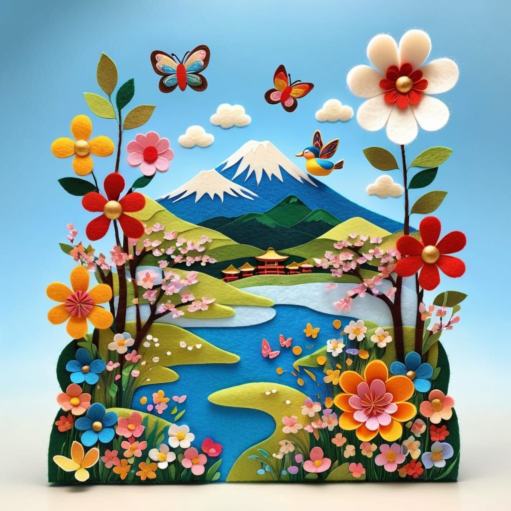 Majestic Felt Art Flower Meadow in Traditional Japan