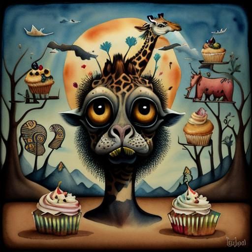Surreal Giraffe Eats Cupcakes: Dali-esque Watercolor