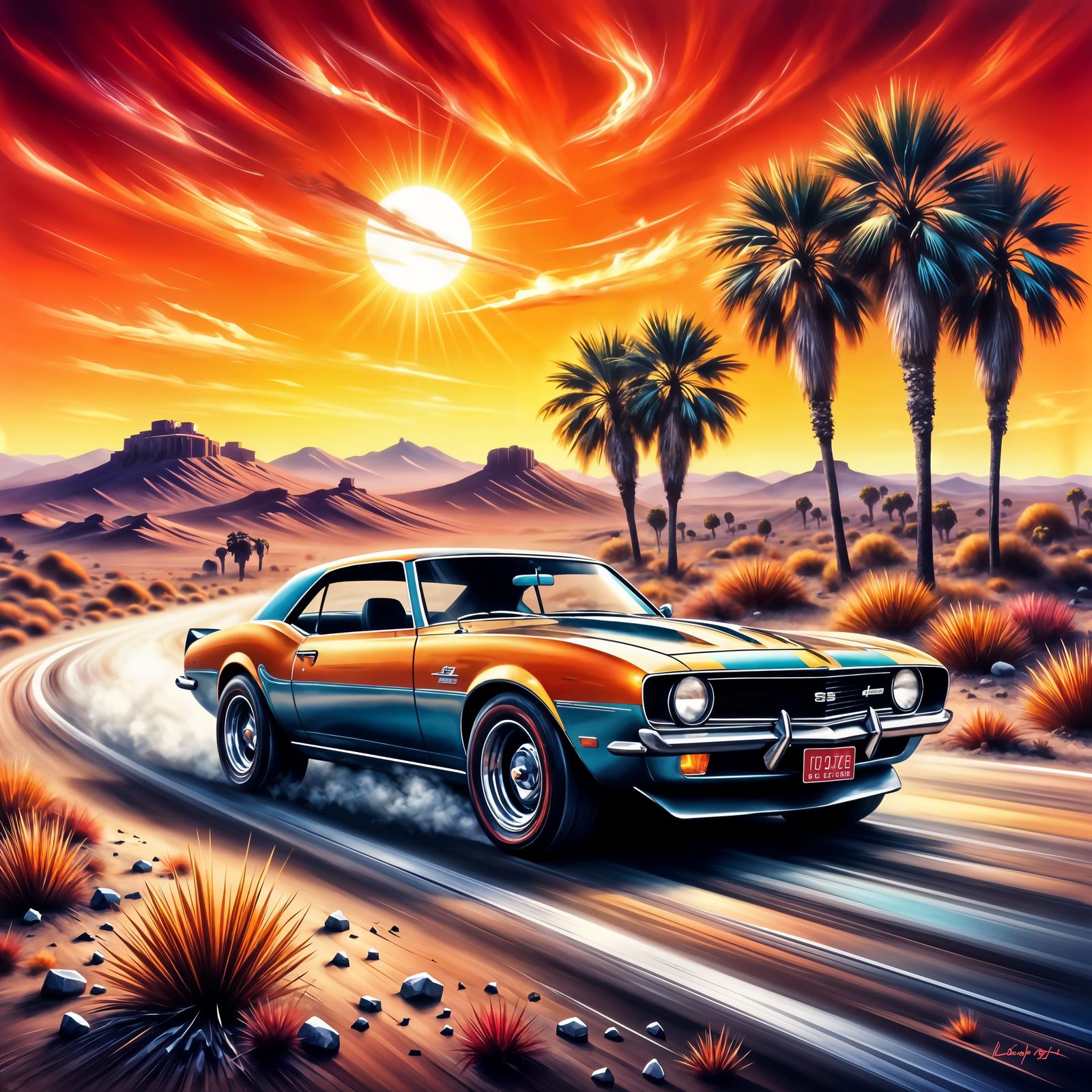 Muscle Car Speeding with Impasto Painting Techniques