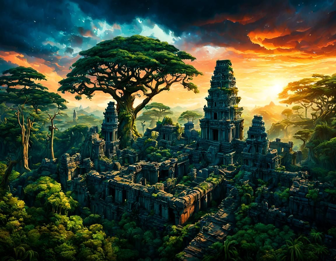 Lush Jungle Ruins at Sunset