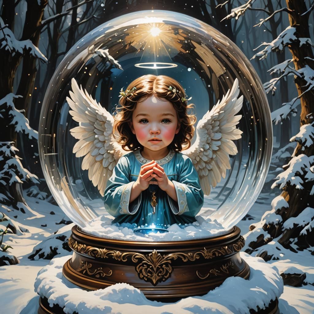 Angel in Snow Globe: Realistic Oil Painting