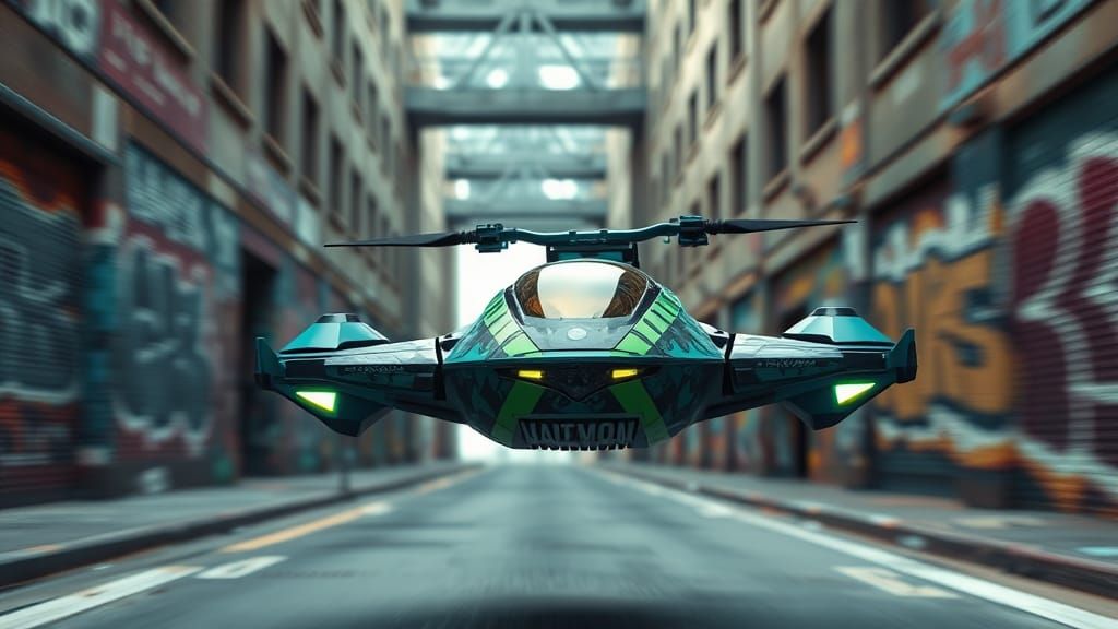 Futuristic Hover Vehicle in Graffiti-Lined Street