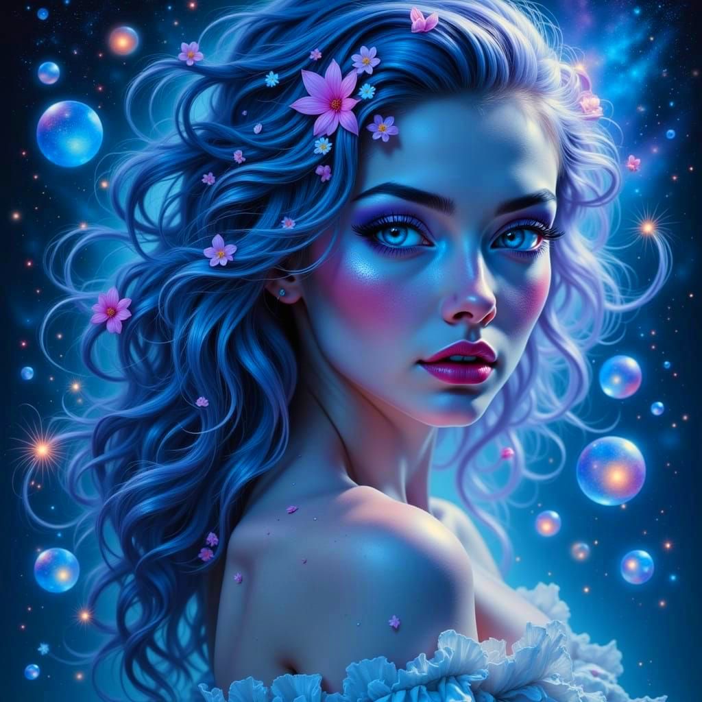 Ethereal Retro-Pinup Goddess Embracing Celestial Magic