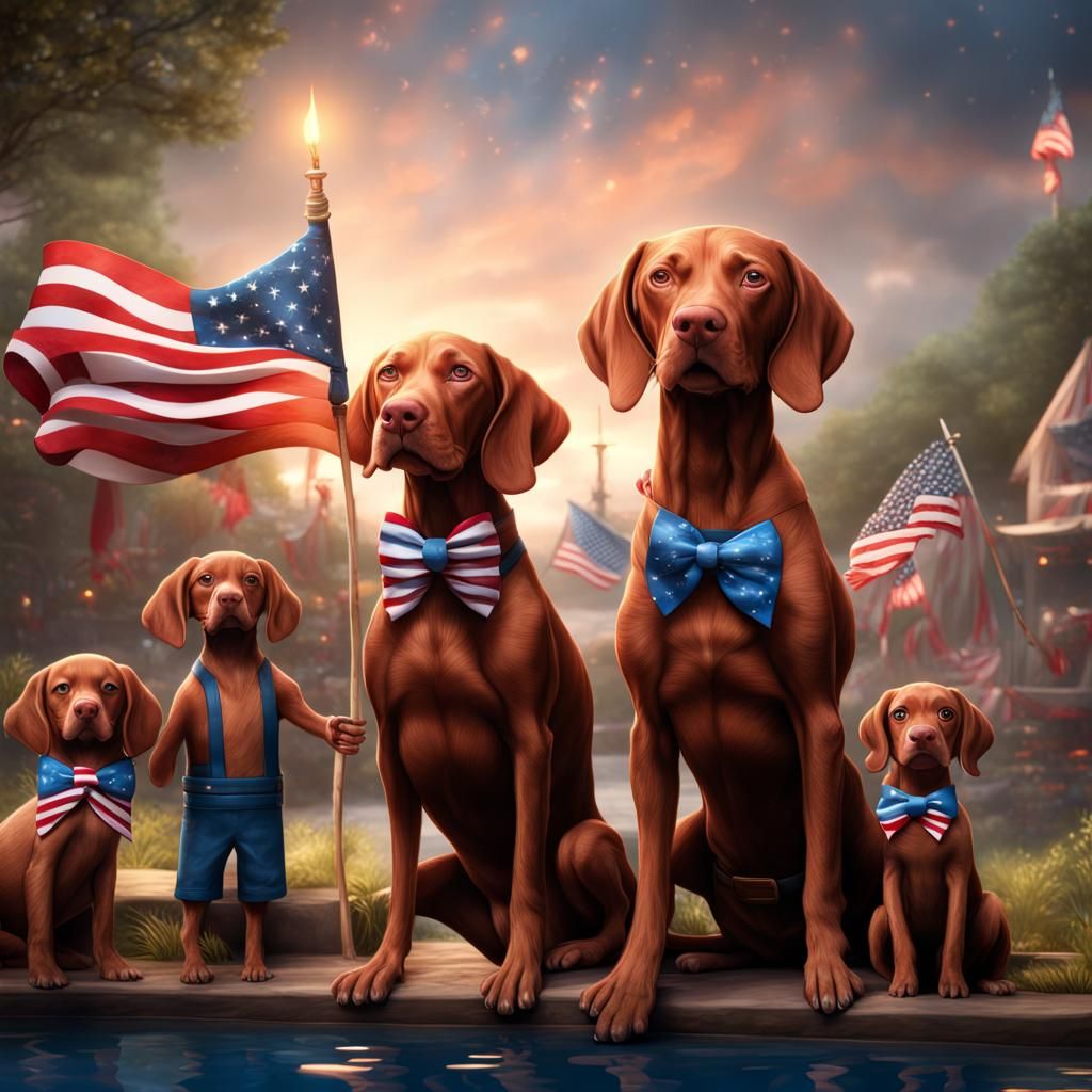 Vizsla Dogs Celebrate 4th of July: Matte Painting