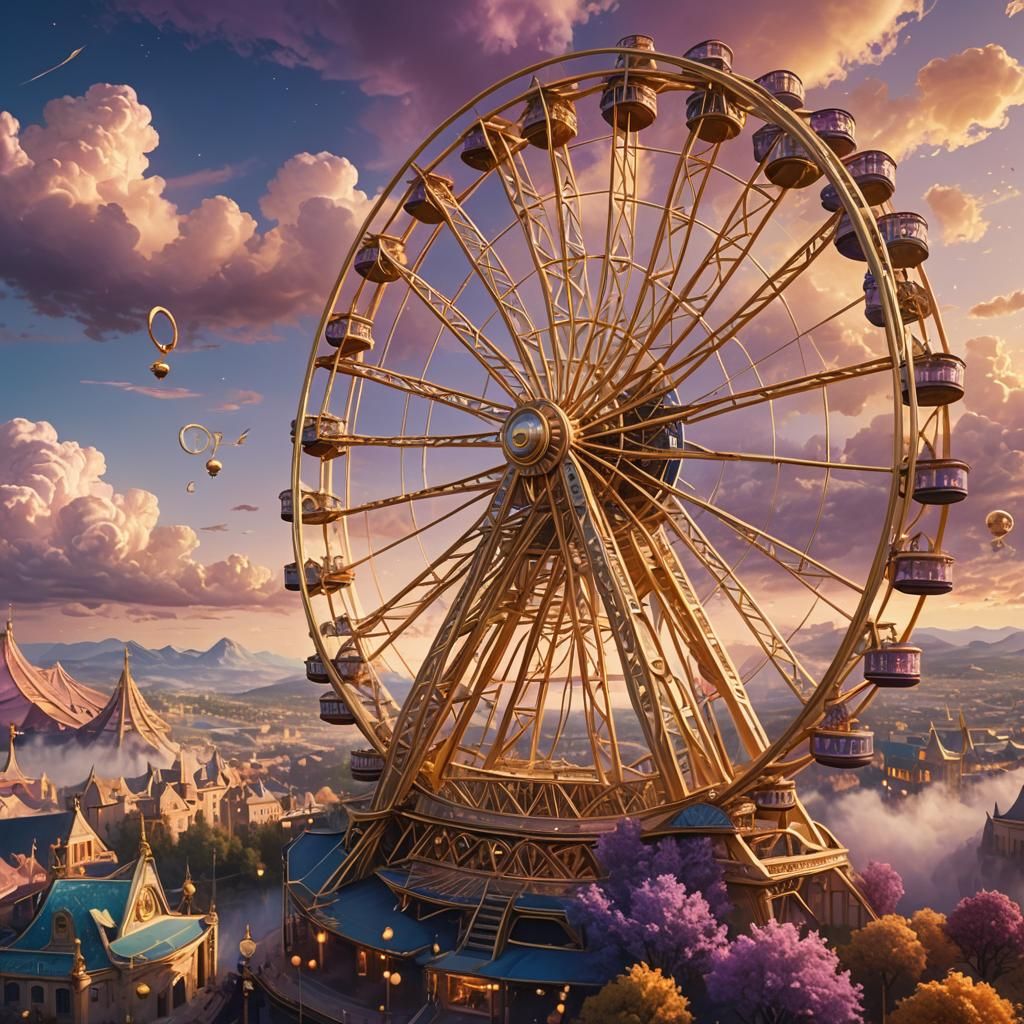 Golden Ferris Wheel in Mystical Landscape