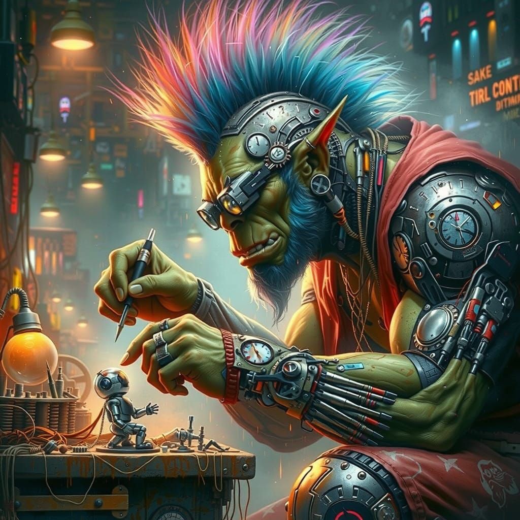 Cyberpunk Clockmaker Cyborg with Iridescent Mohawk