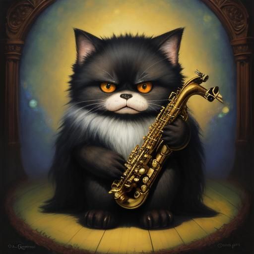 Fuzzy Creature Plays Saxophone in Watercolor Style