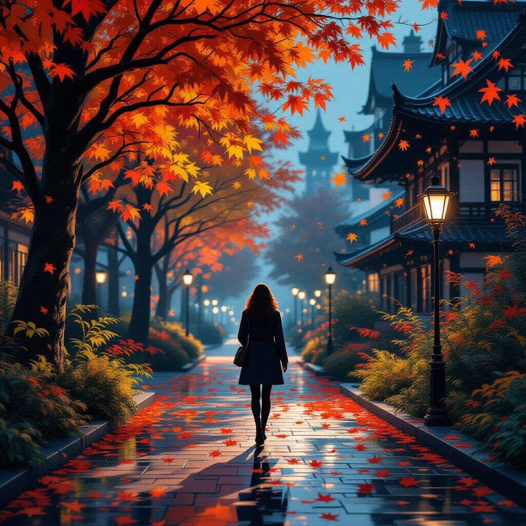 Autumn Midnight Stroll in Digital Painting Style