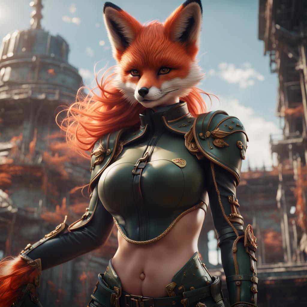 Fox Woman in Latex Military Uniform, Digital Art
