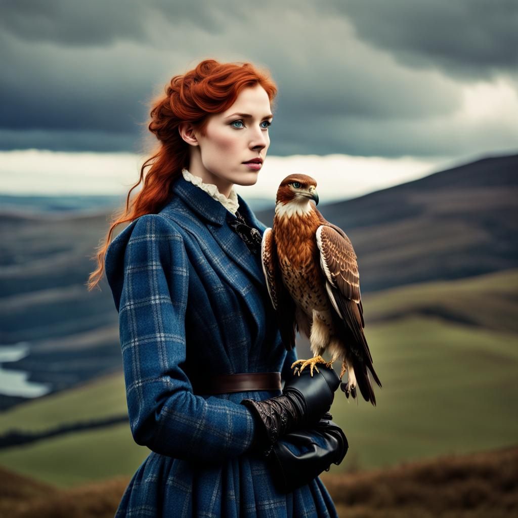 Victorian Woman with Falcon in Scottish Highlands