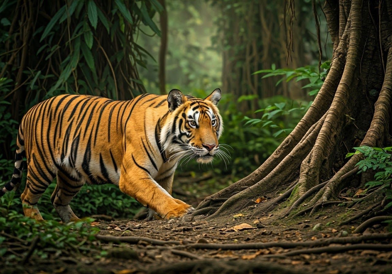 Majestic Bengal Tiger in Shadowy Jungle