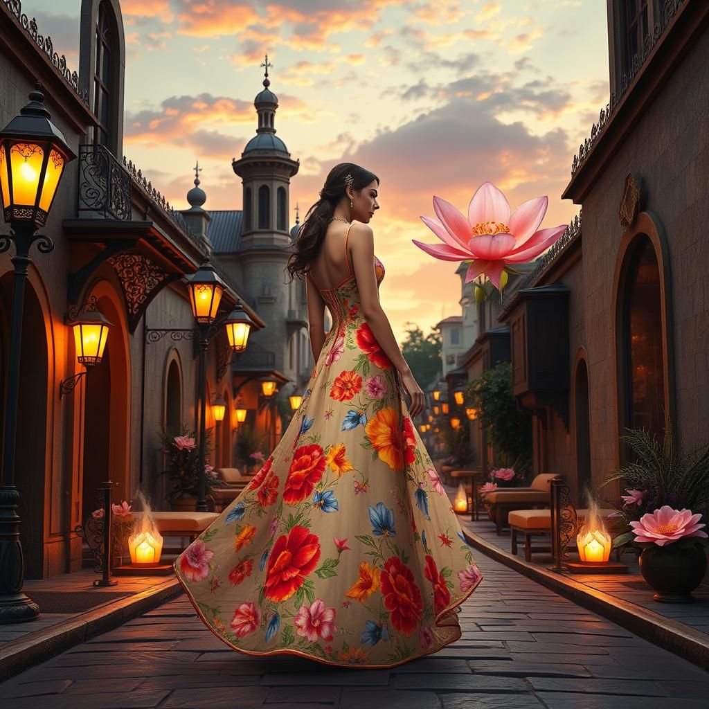 Floral Dress in Mystical Cityscape