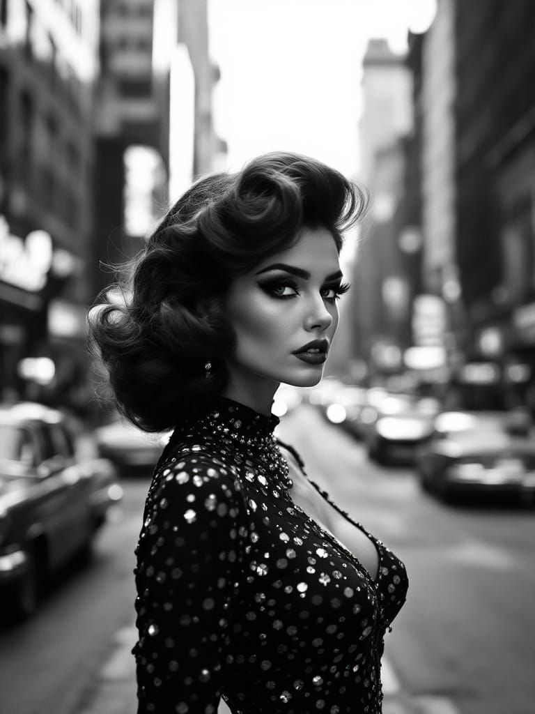 Glamorous Woman on Vintage Street in Black and White