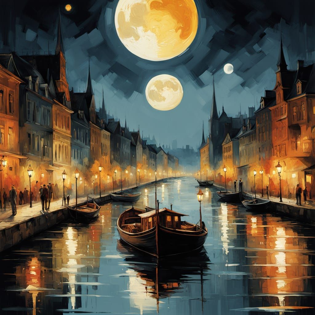 Magical Riverside City at Night in Double Exposure