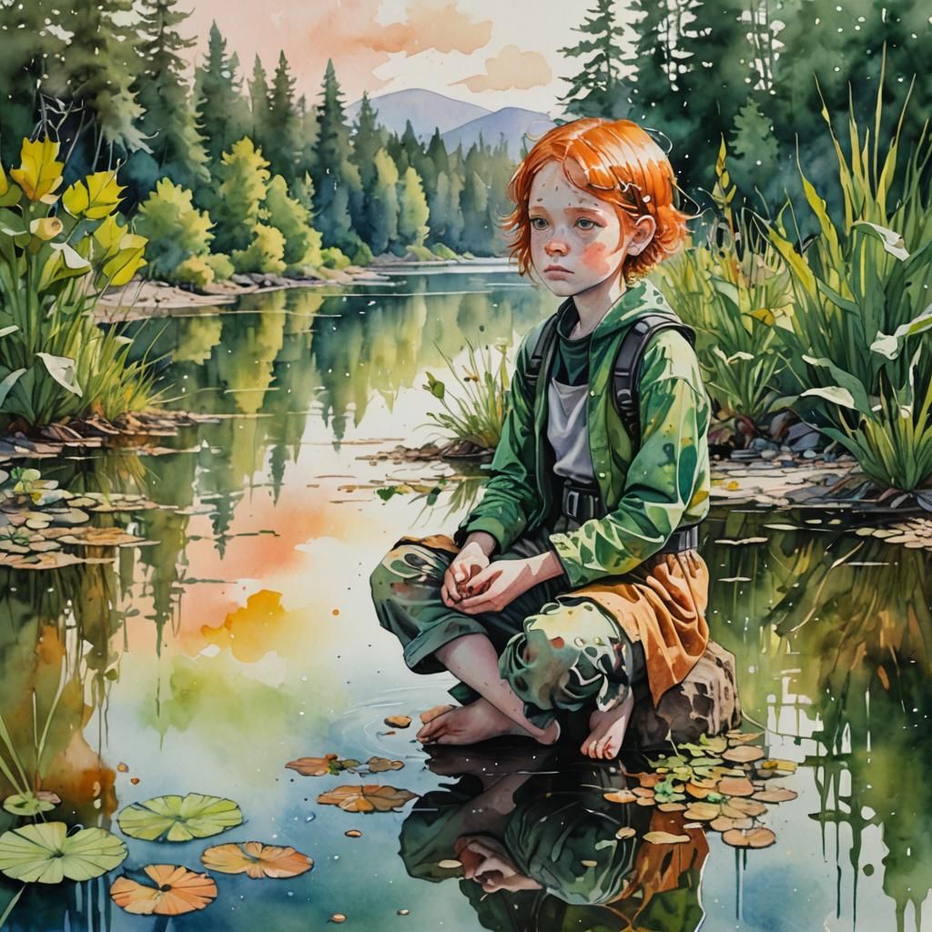 Cyborg Girl Meditating by Lake Shore in Gouache Style