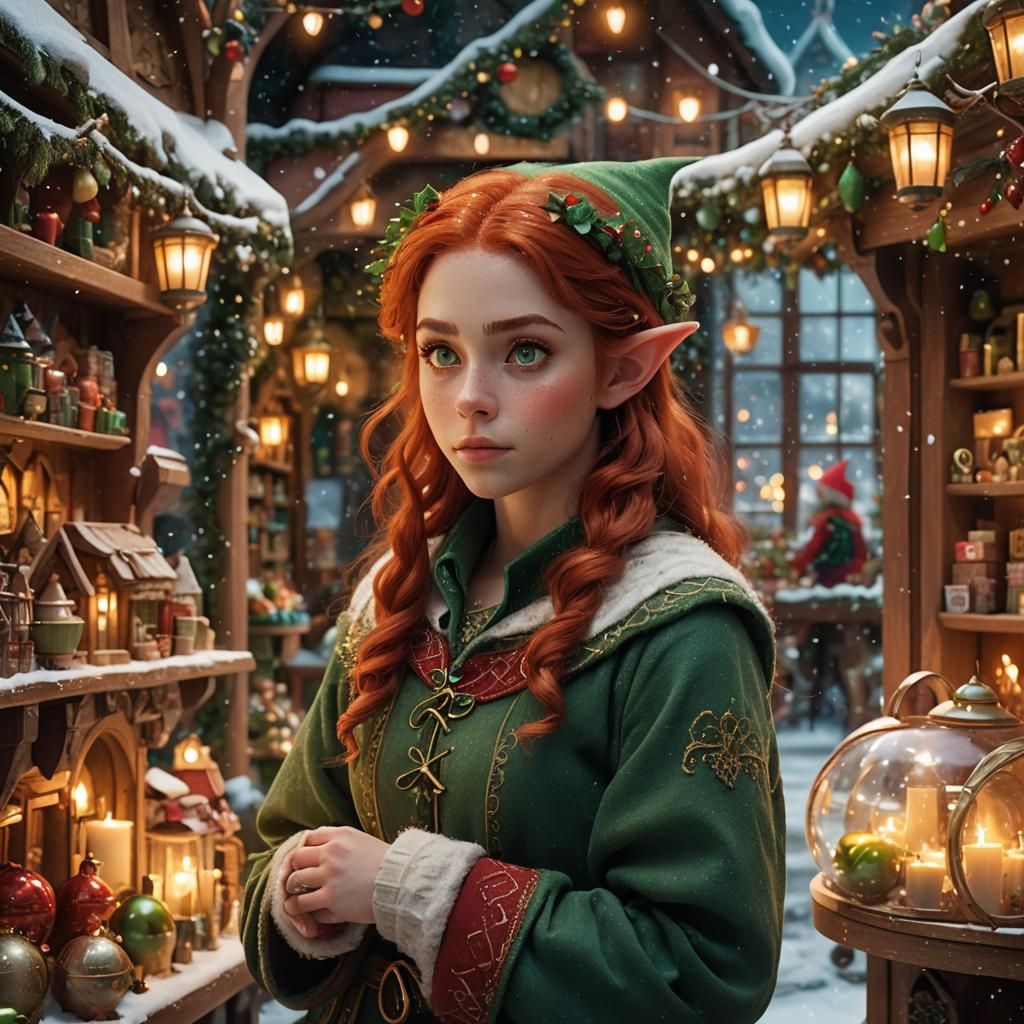 Young girl Elf helping out with the Christmas shelfs