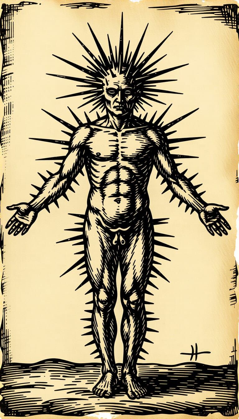 Silhouette Figure with Radiating Spikes in Charcoal Style
