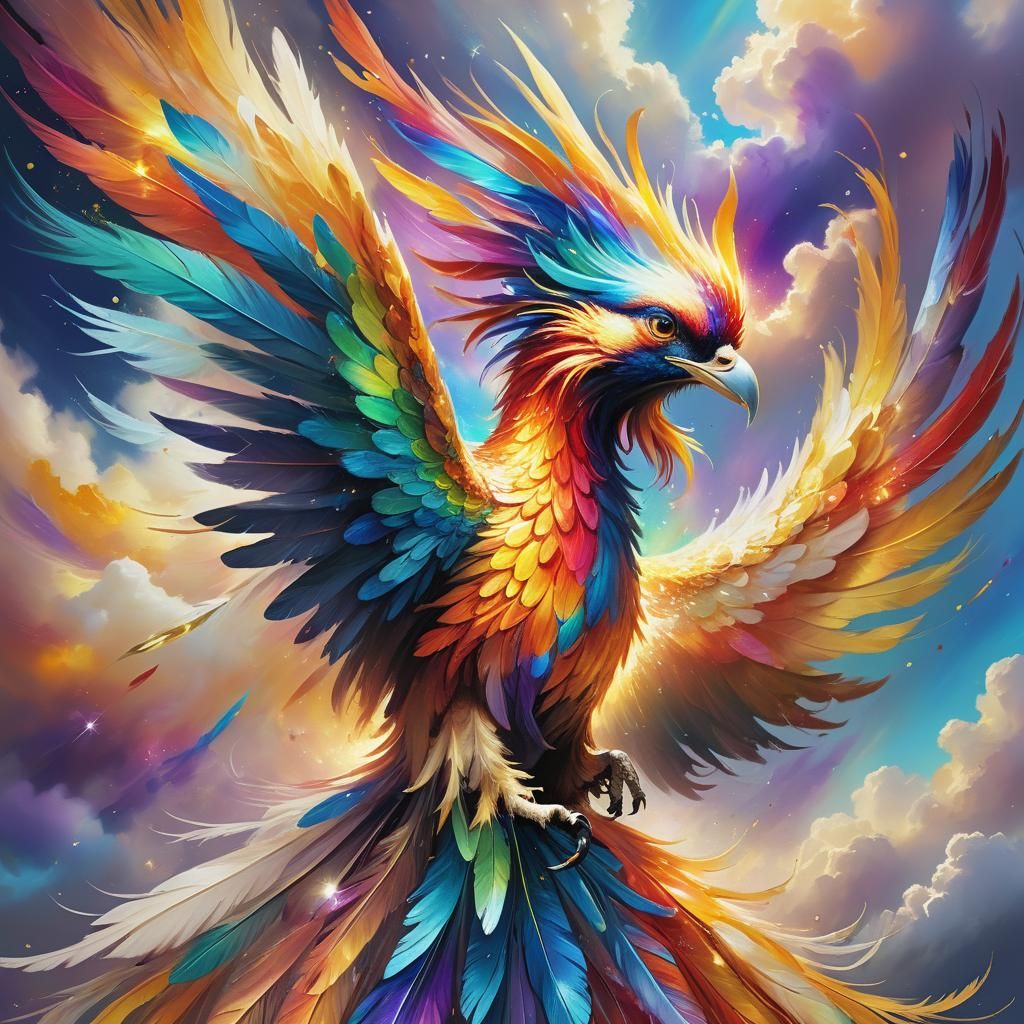 Rainbow Phoenix Bursts Through Sky in Vibrant Oil Painting