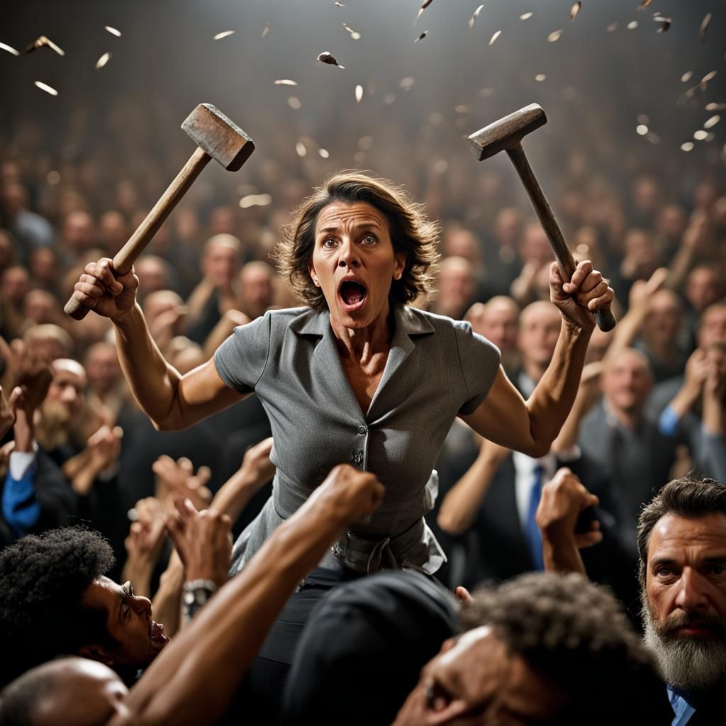 Woman on Stage Tosses Hammers: Professional Portrait