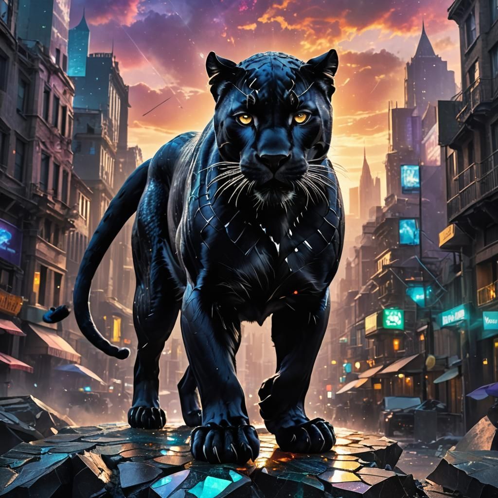 Black Panther in Fantasy City with Broken Glass Effect