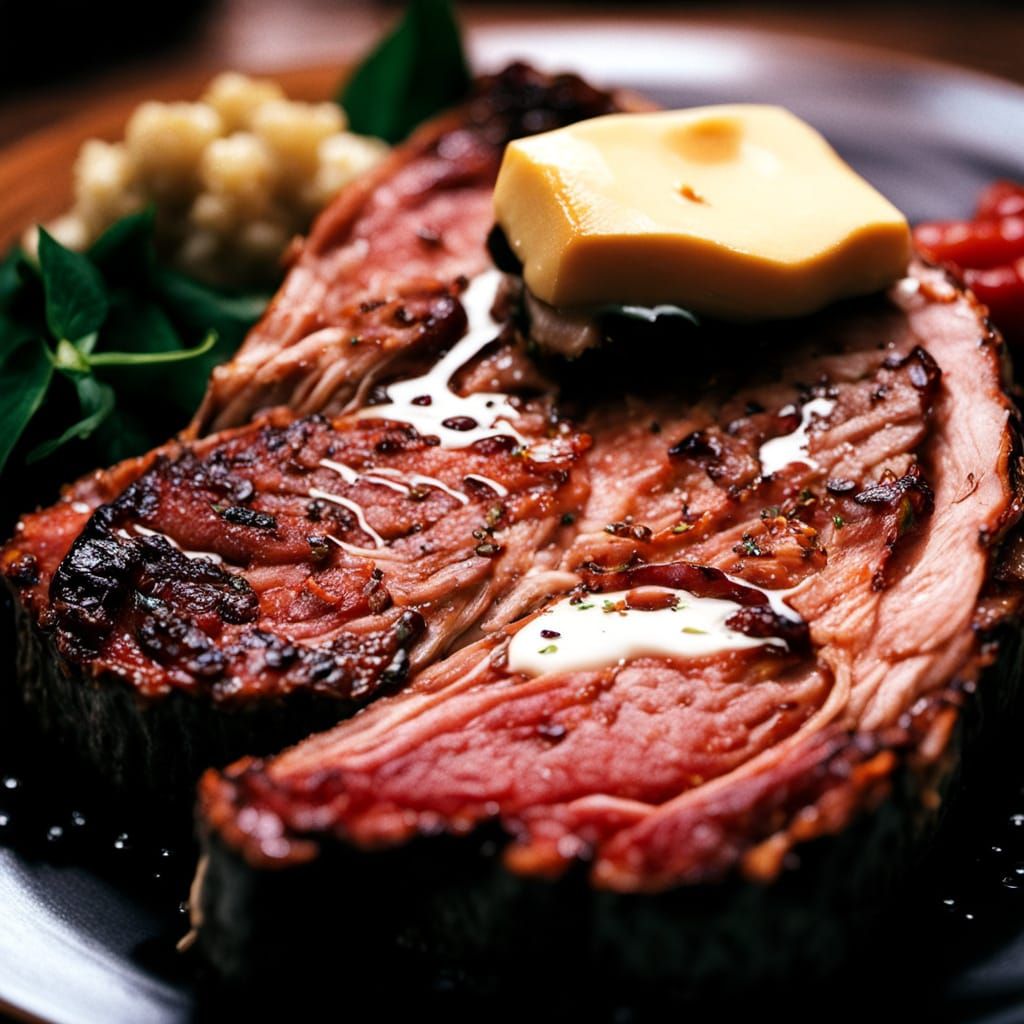 Savory Ribeye Steak in Golden Lighting, Fine Dining Culinary...