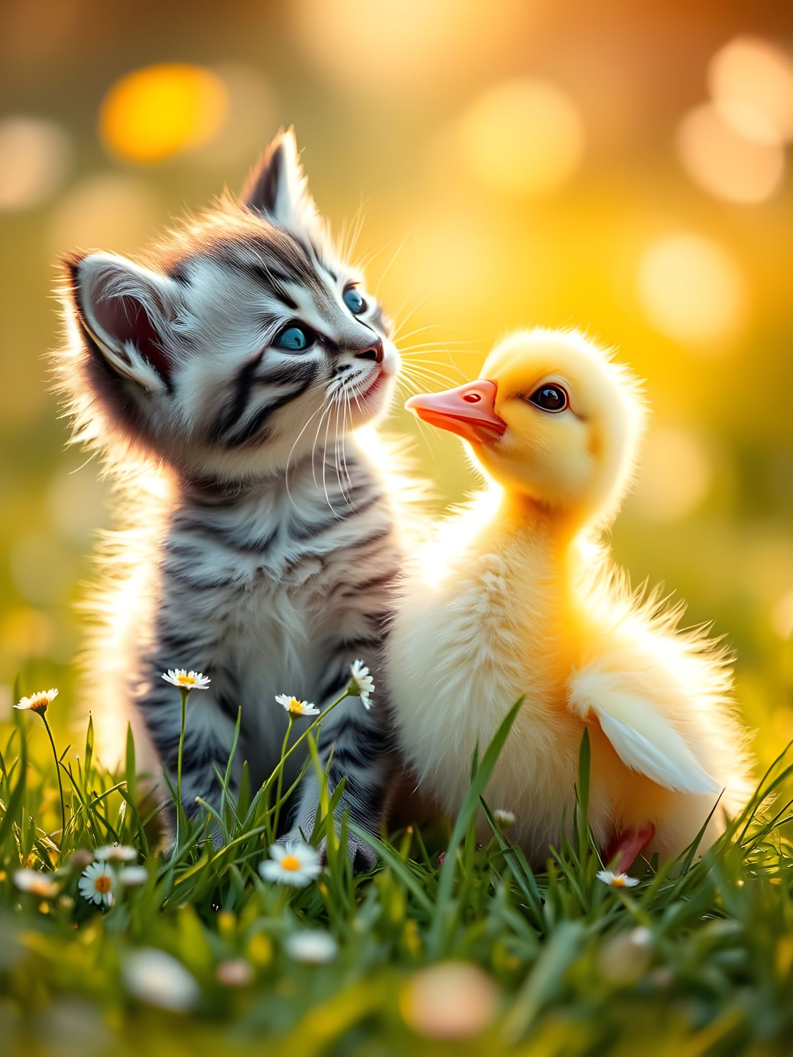 Kitten and Duckling Friendship on a Sunny Meadow