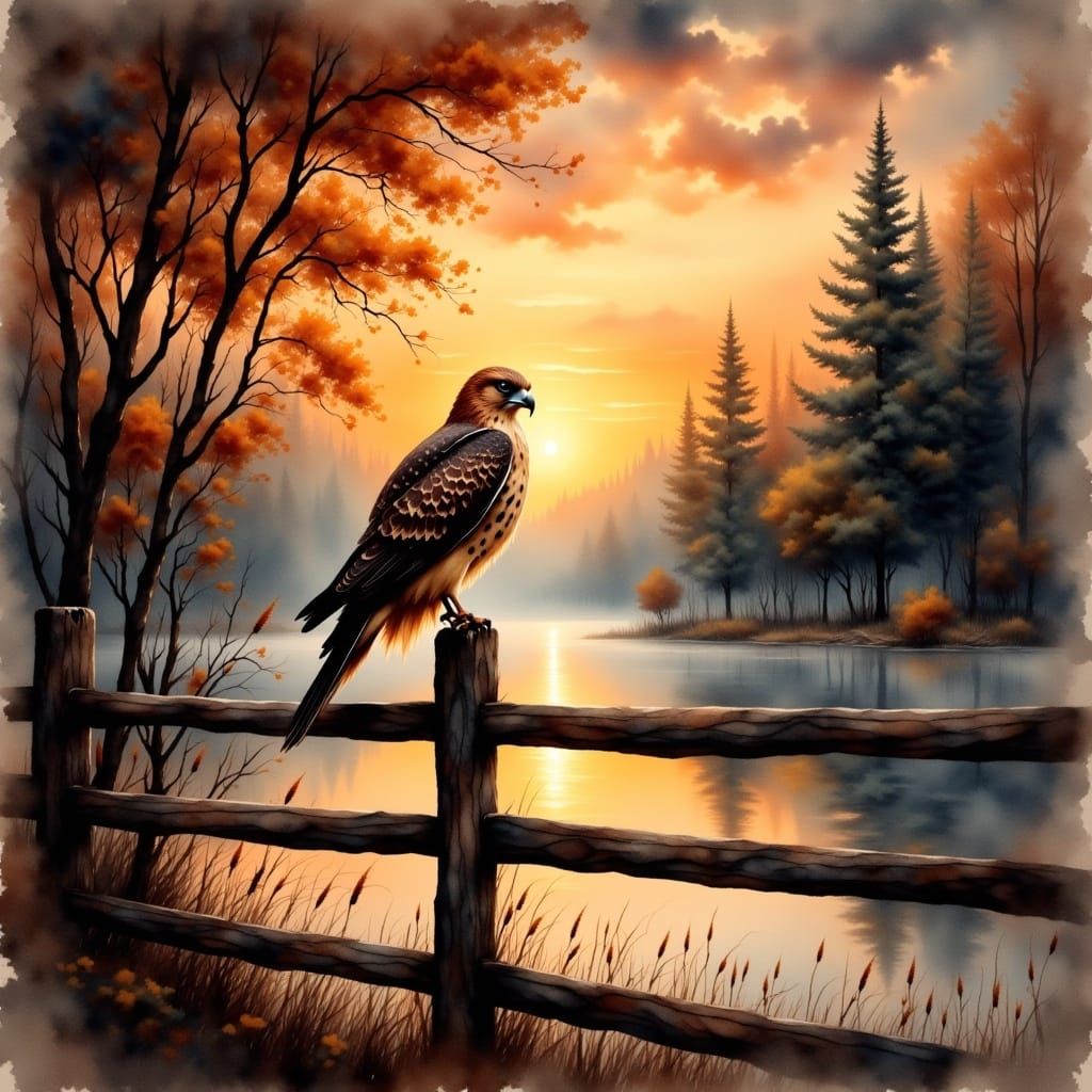 Hawk in Antique Watercolor Style at Sunset